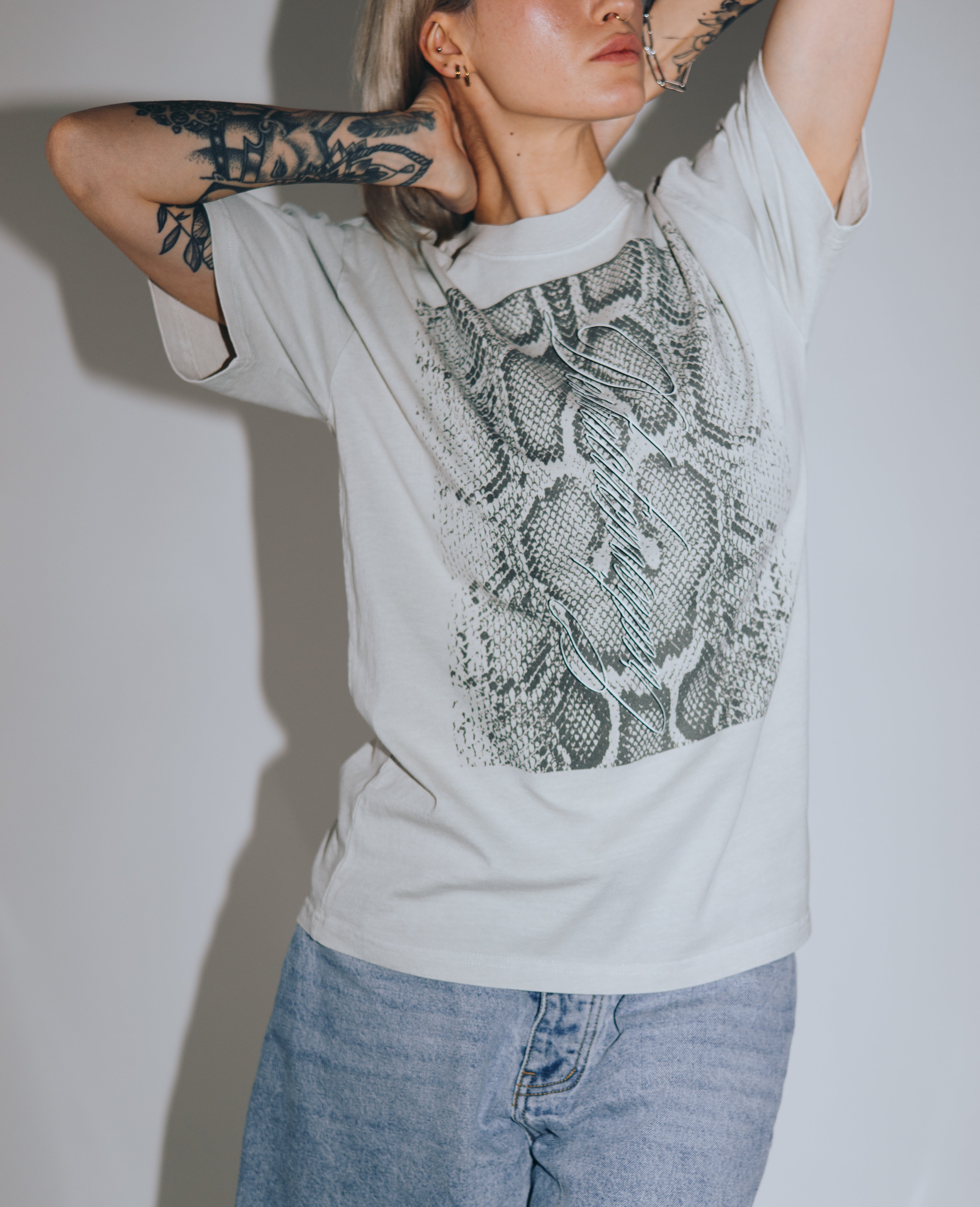 DestructionCreation faded white unisex snake print faded t-shirt