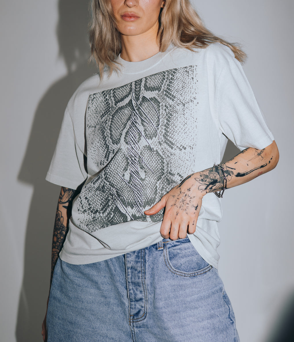 DestructionCreation faded white unisex snake print faded t-shirt